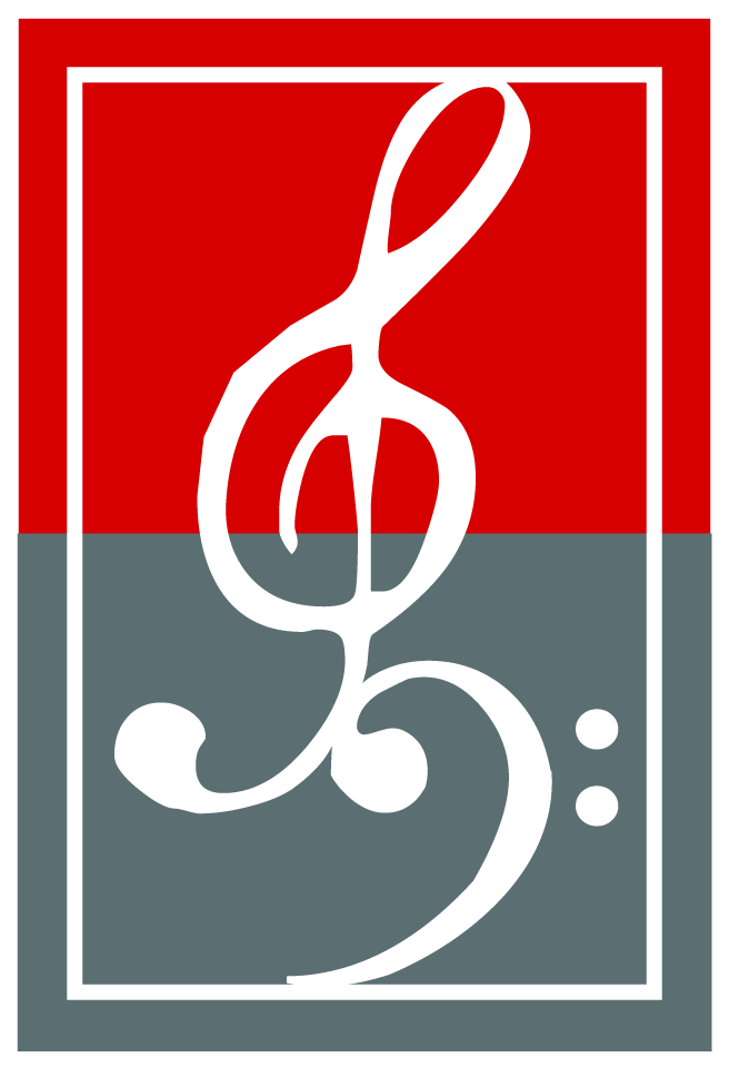 white treble and bass clef on red and gray background with white border
