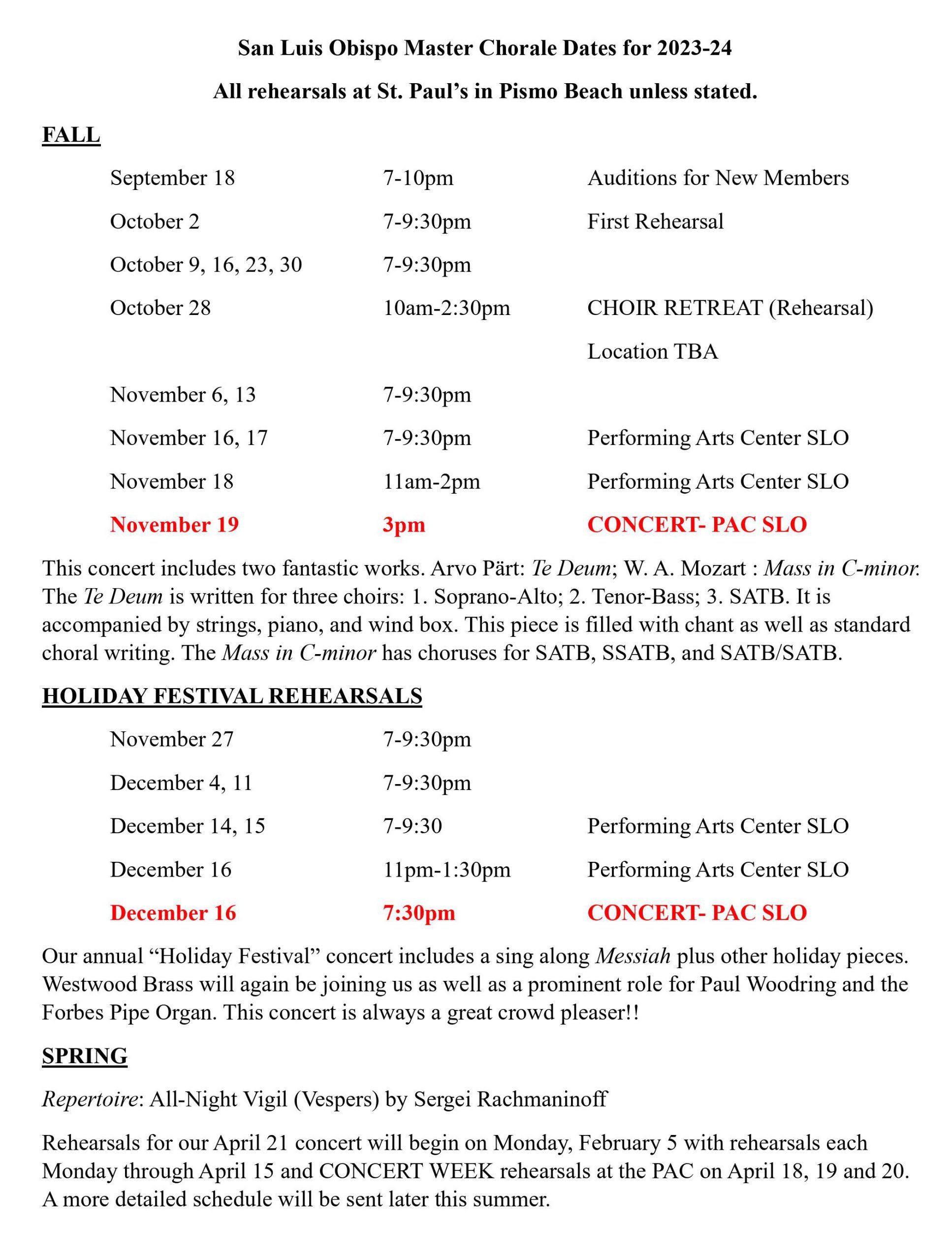 San Luis Obispo Master Chorale's 2023 - 2024 schedule