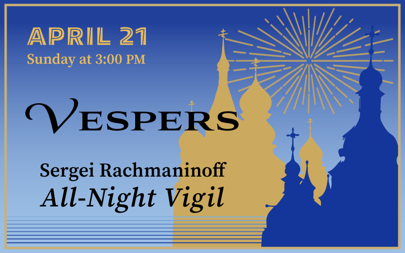 Vespers concert banner with blue background and building sillhouettes